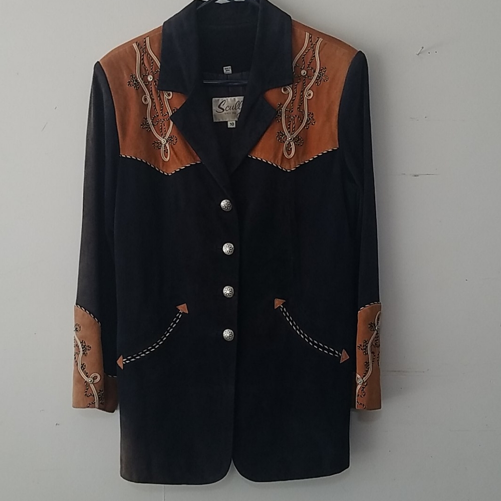 Scully Black and Brown Embroidered Suede Western Blazer